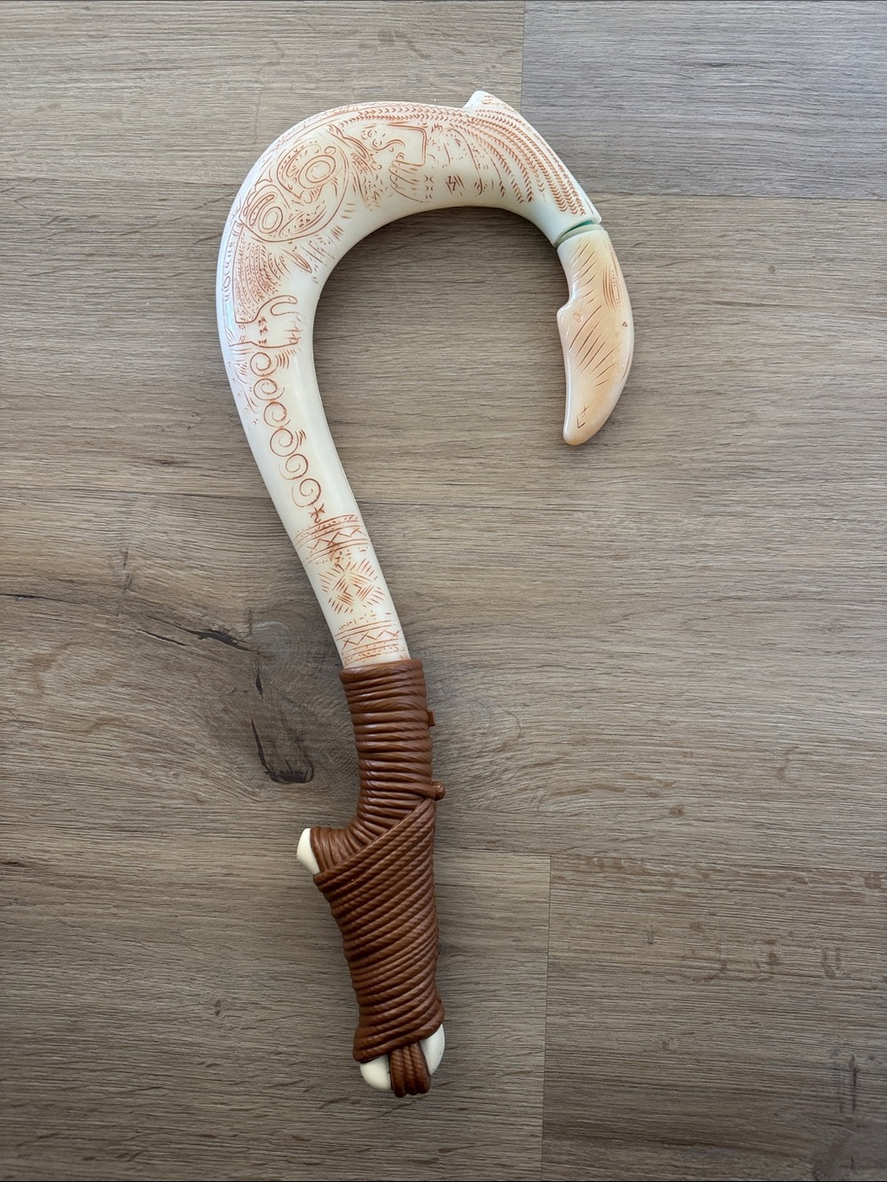 Hand-Carved Ivory-Tone Decorative Cane with Brown Wrapped Handle